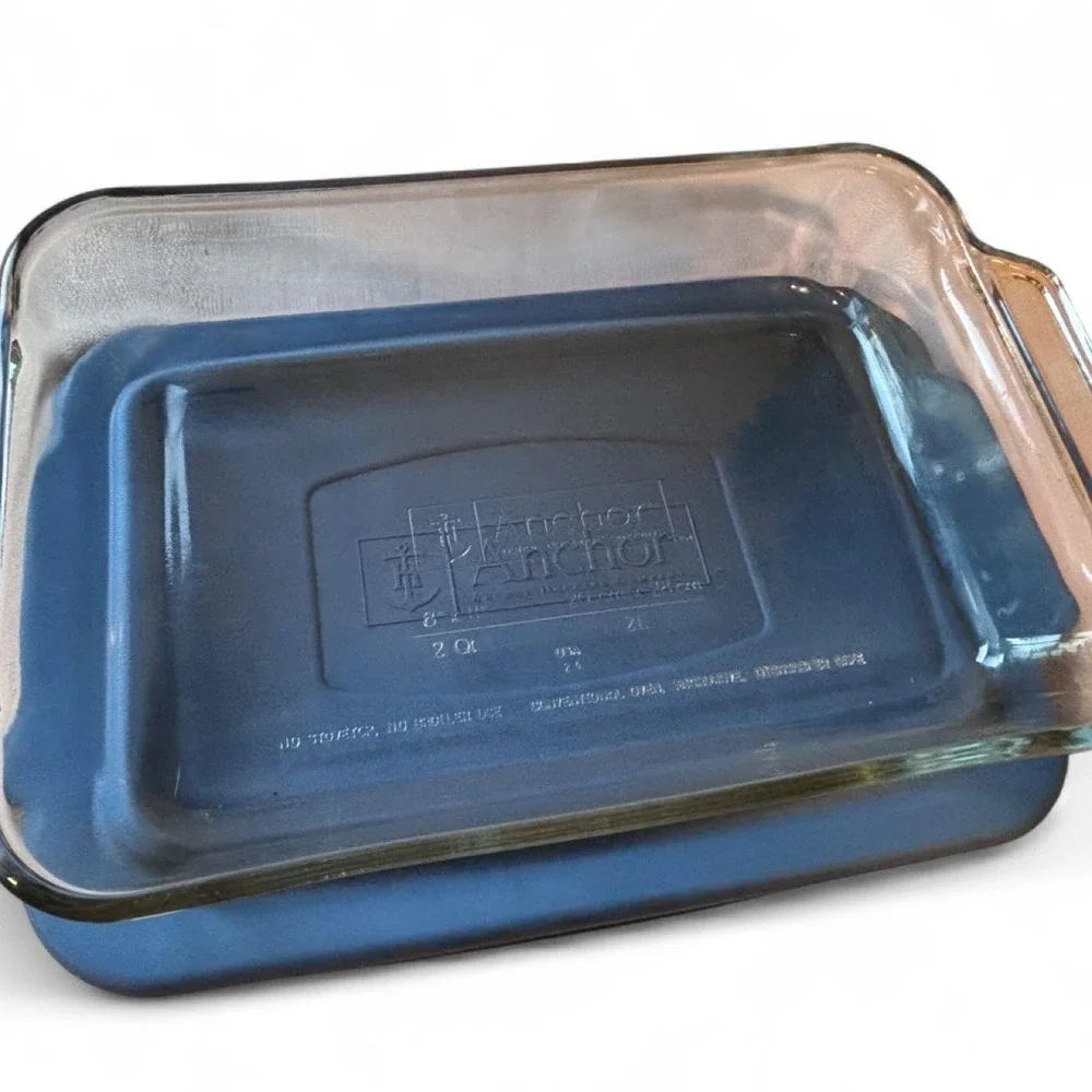 Anchor Hocking 2 Qt Clear Glass Baking Dish Rectangular Casserole Pan Blue Lid